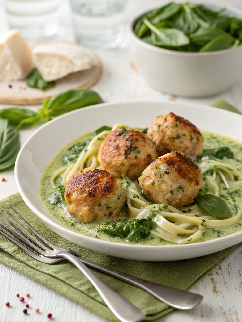 Chicken Ricotta Meatballs with Spinach Alfredo Sauce