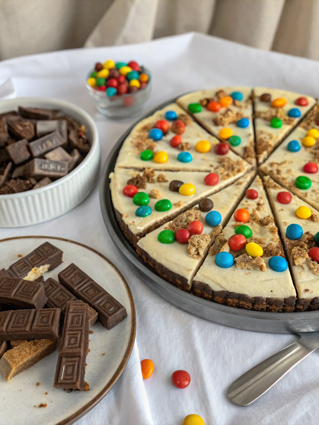No-Bake M&M Snickers Cheesecake