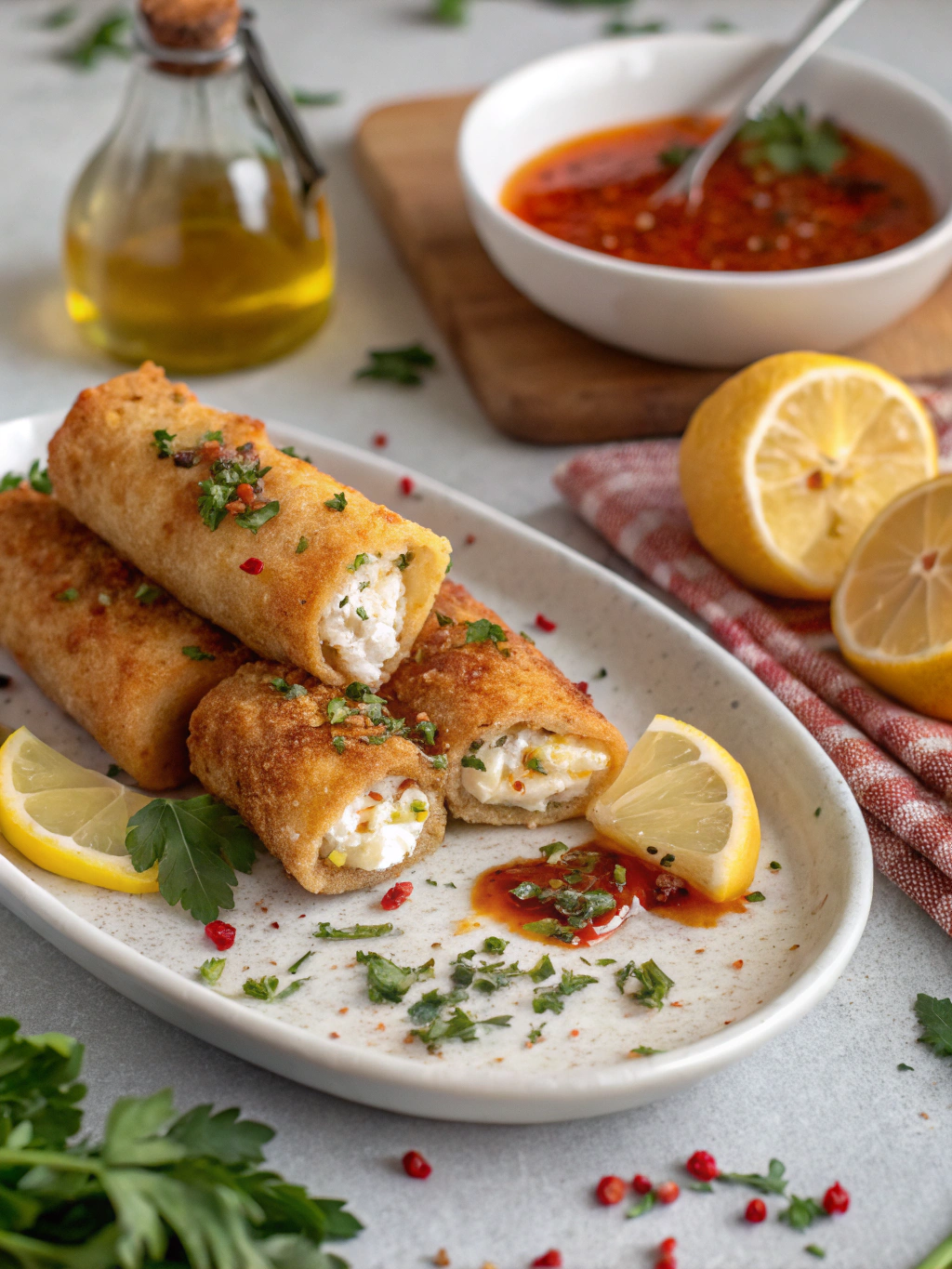 Oven-Fried Feta Rolls with Chili Honey