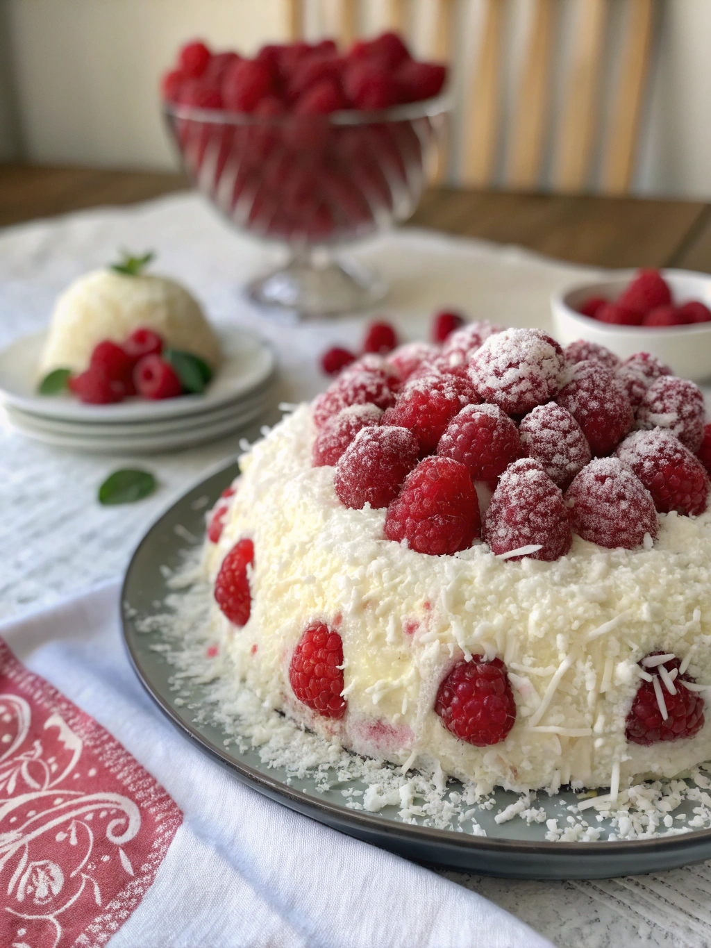 Raspberry Coconut Snowball Cake