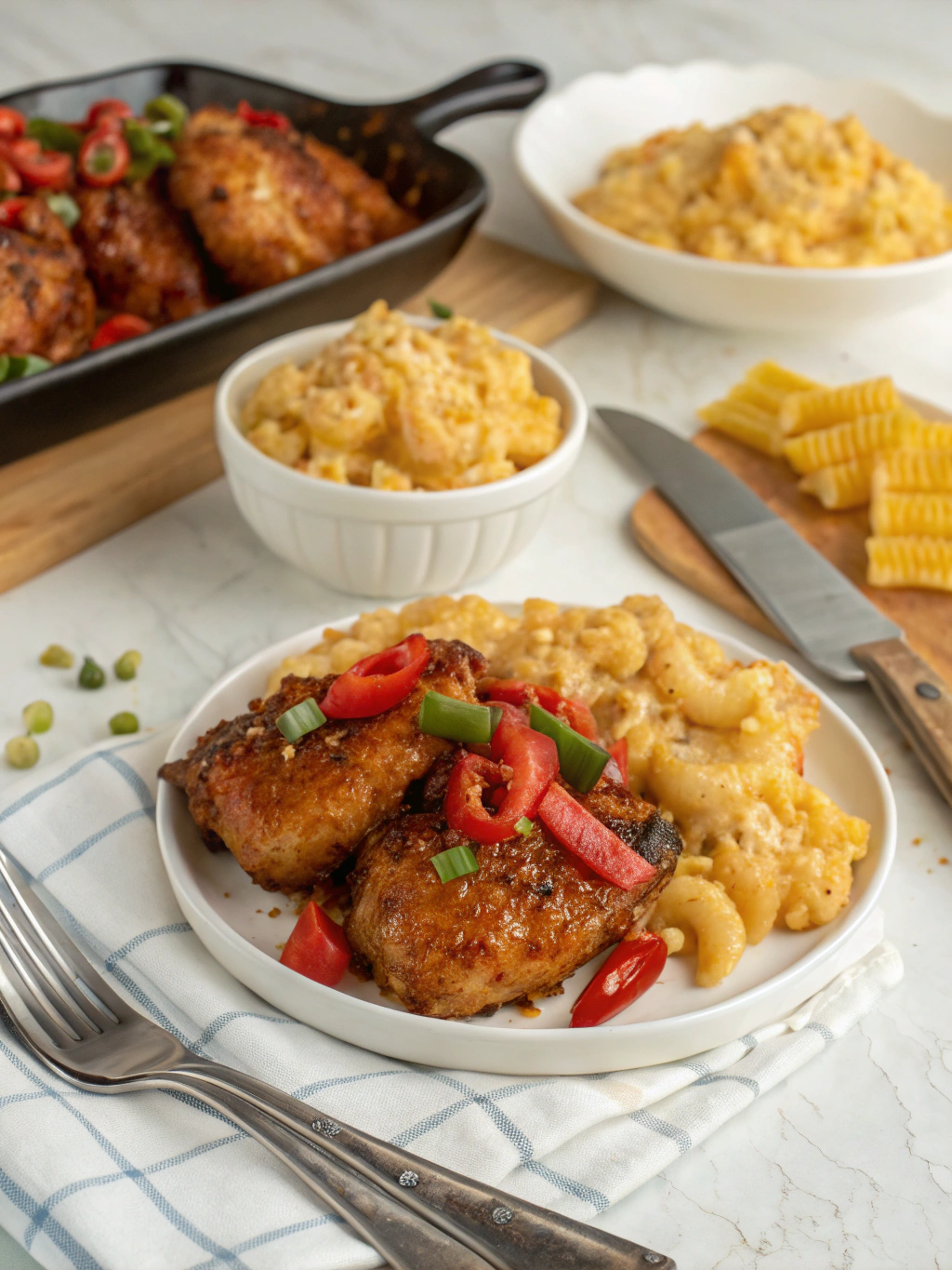 Sweet and Spicy Honey Pepper Chicken with Creamy Macaroni Cheese