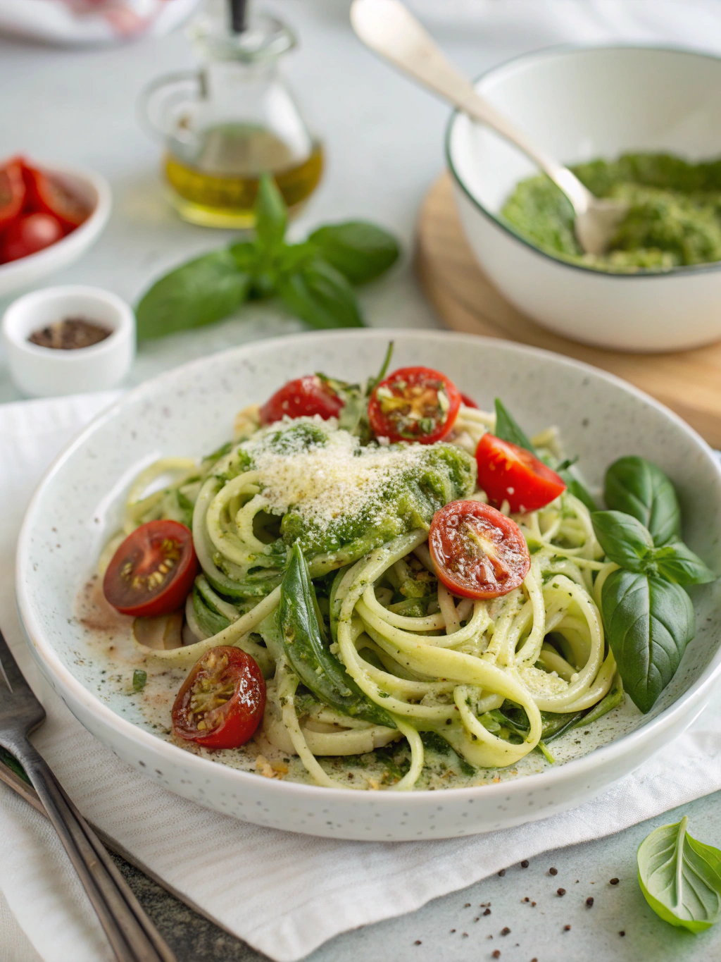 Zucchini Noodles with Pesto and Cherry Tomatoes