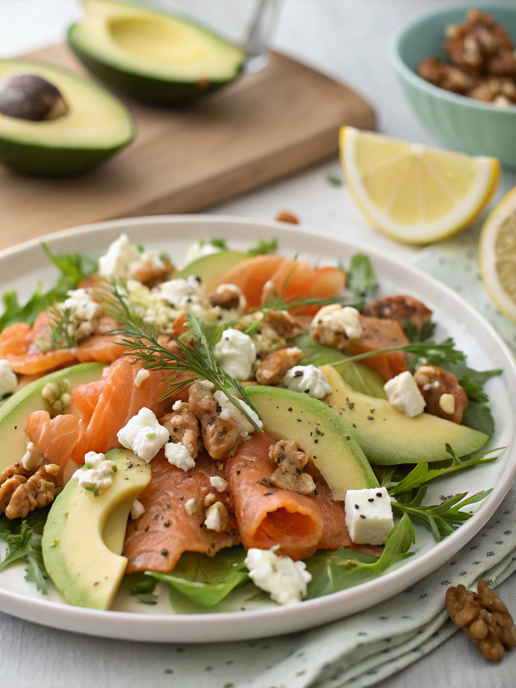 Avocado and Smoked Salmon Salad with Feta and Walnuts