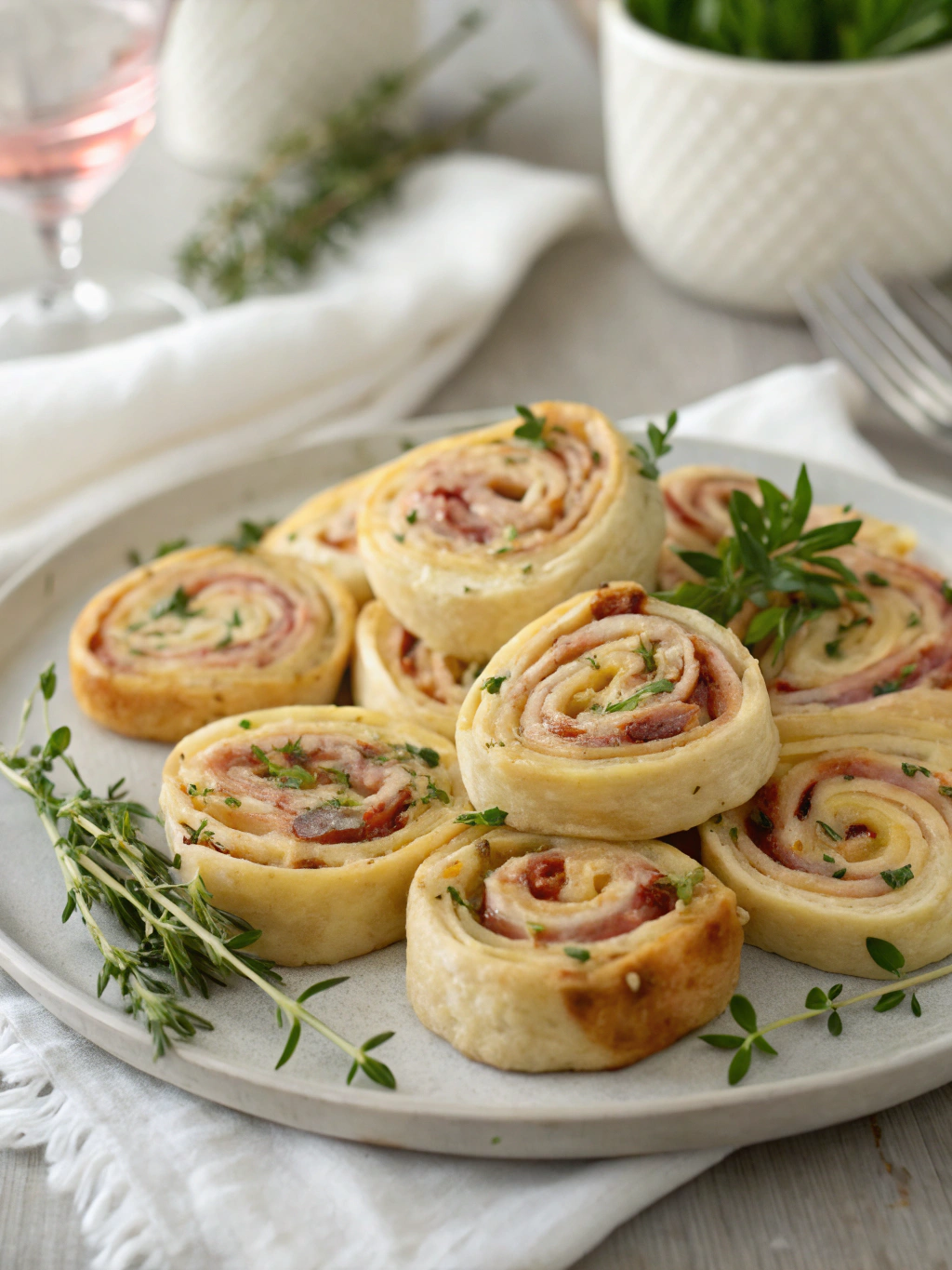 Crowd-Pleasing Ham and Cheese Pinwheels with Fresh Herb Garnish