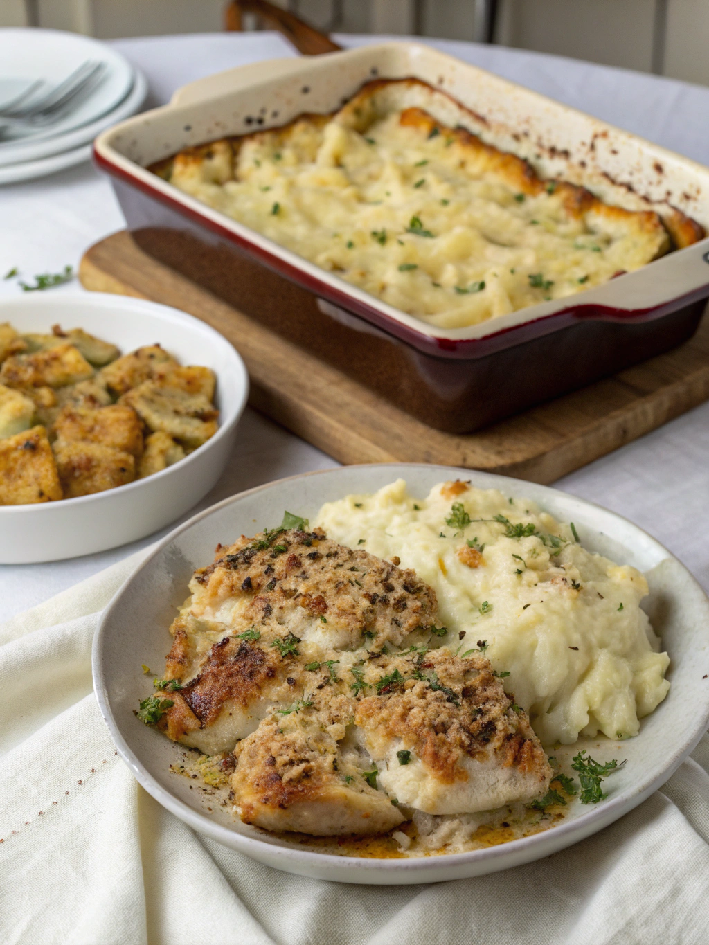 Garlic Parmesan Chicken & Steak Bake with Cheesy Loaded Mashed Potatoes