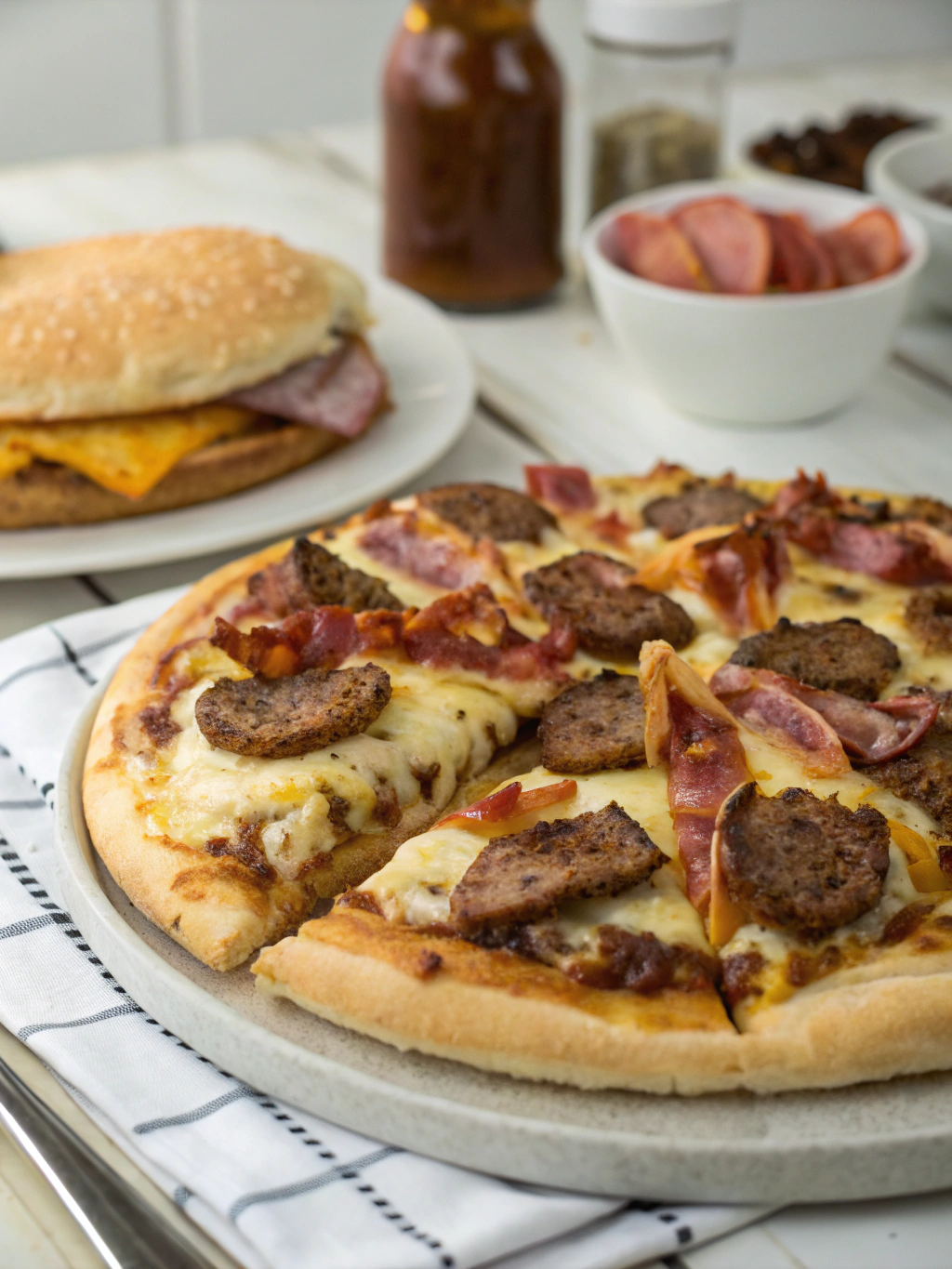 Giant Burger-Pizza with Meat, Cheese, and Bacon Slices