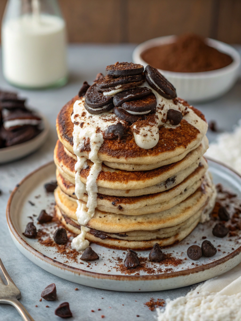 Oreo Pancake Stack with White Chocolate Drizzle and Cocoa Powder