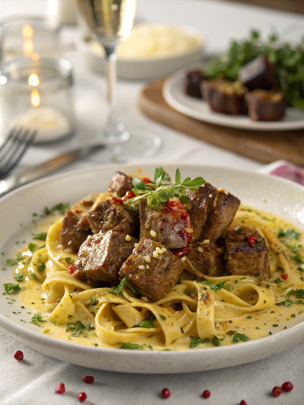 Spicy Garlic Butter Steak Bites with Pasta