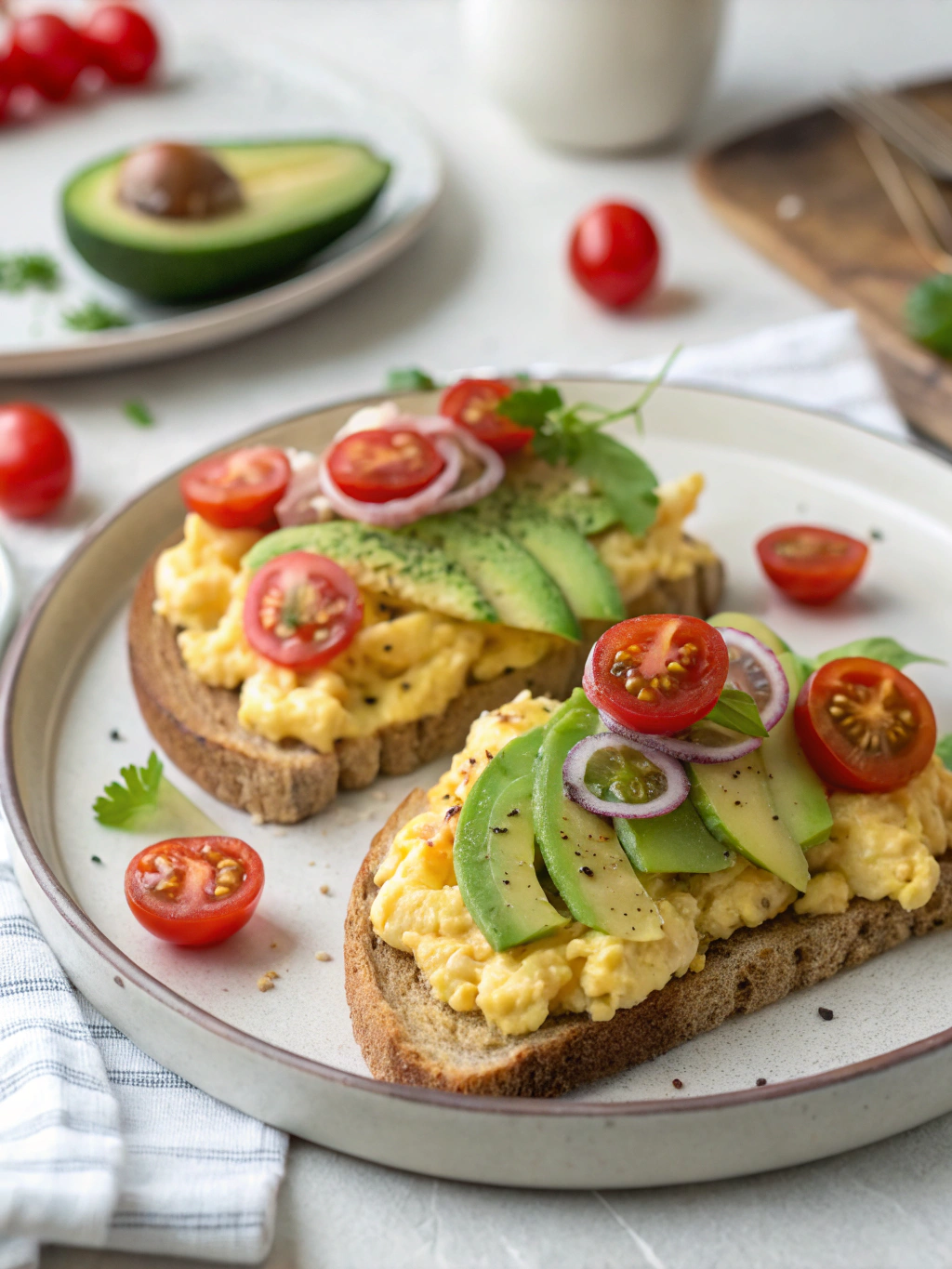 Avocado & Scrambled Egg Toast with Cherry Tomatoes & Red Onion