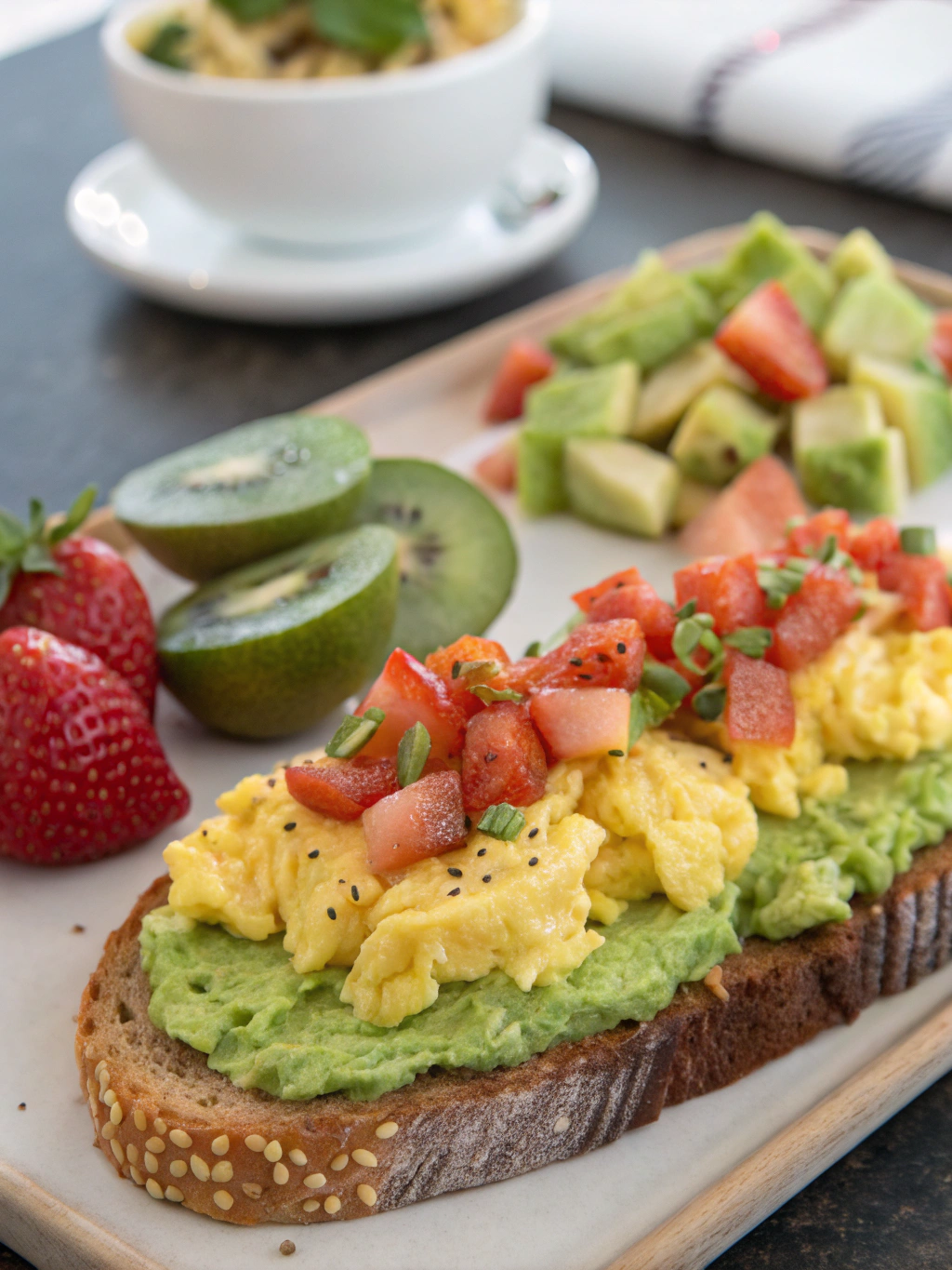 Avocado Toast with Scrambled Eggs & Fresh Fruit