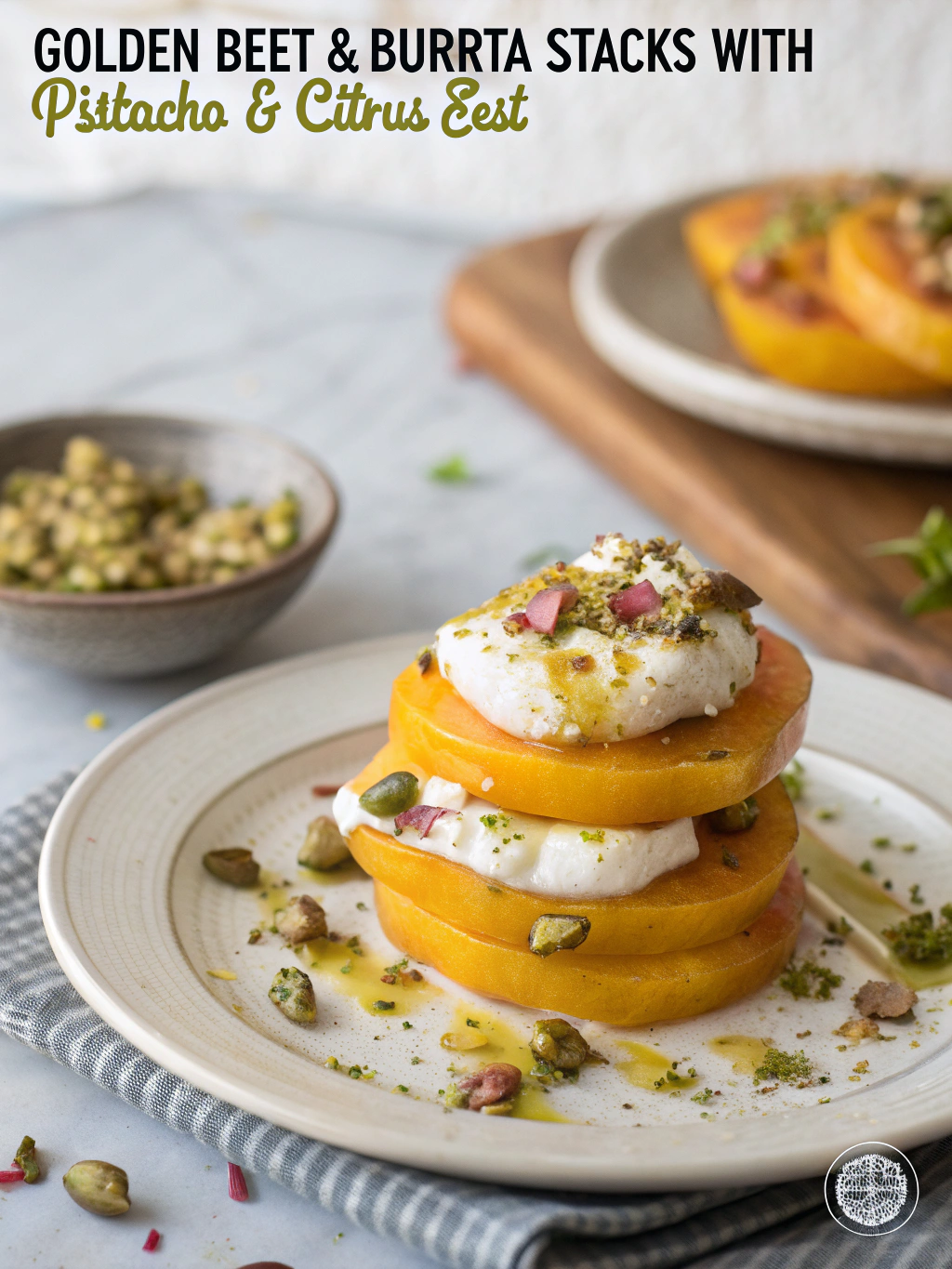Golden Beet & Burrata Stacks with Pistachio & Citrus Zest