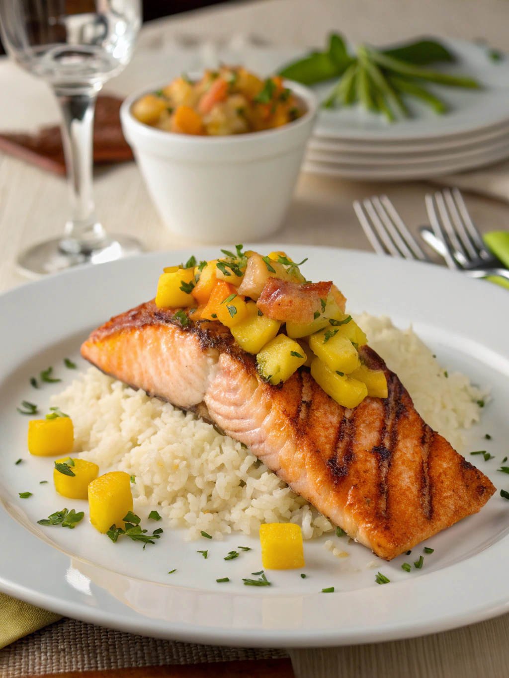 Grilled Salmon with Mango Salsa and Coconut Rice