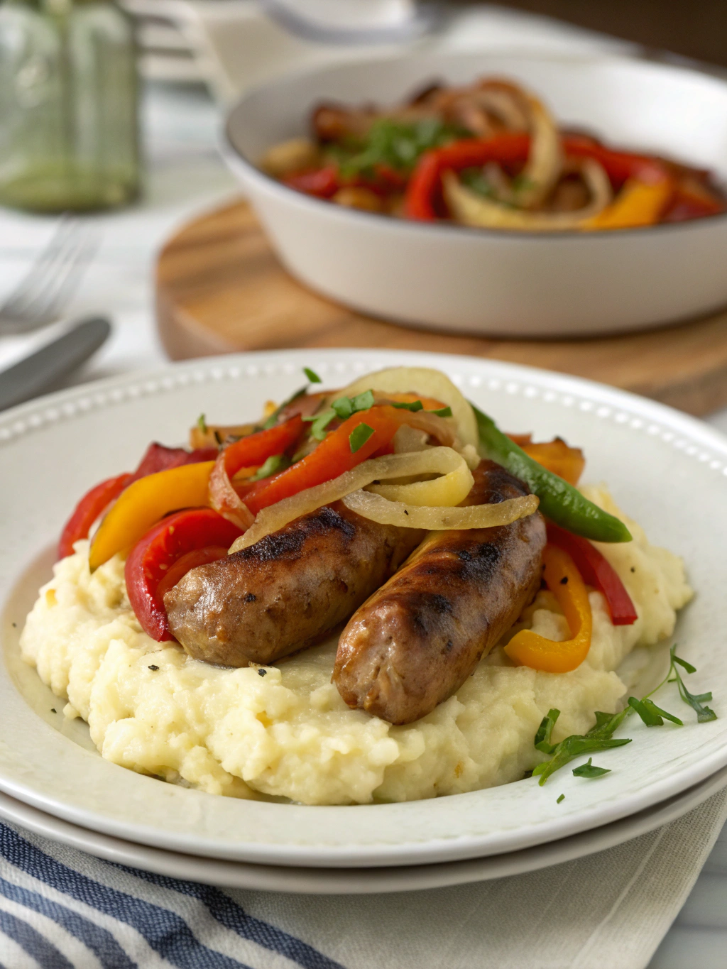 Rustic Italian Sausage with Peppers and Onions over Garlic Mashed Potatoes